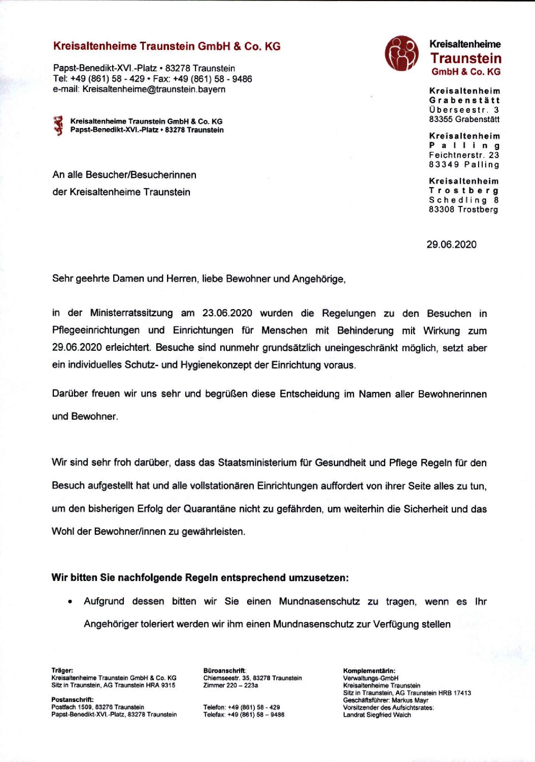 Besuchsregelung ab 29.06.2020